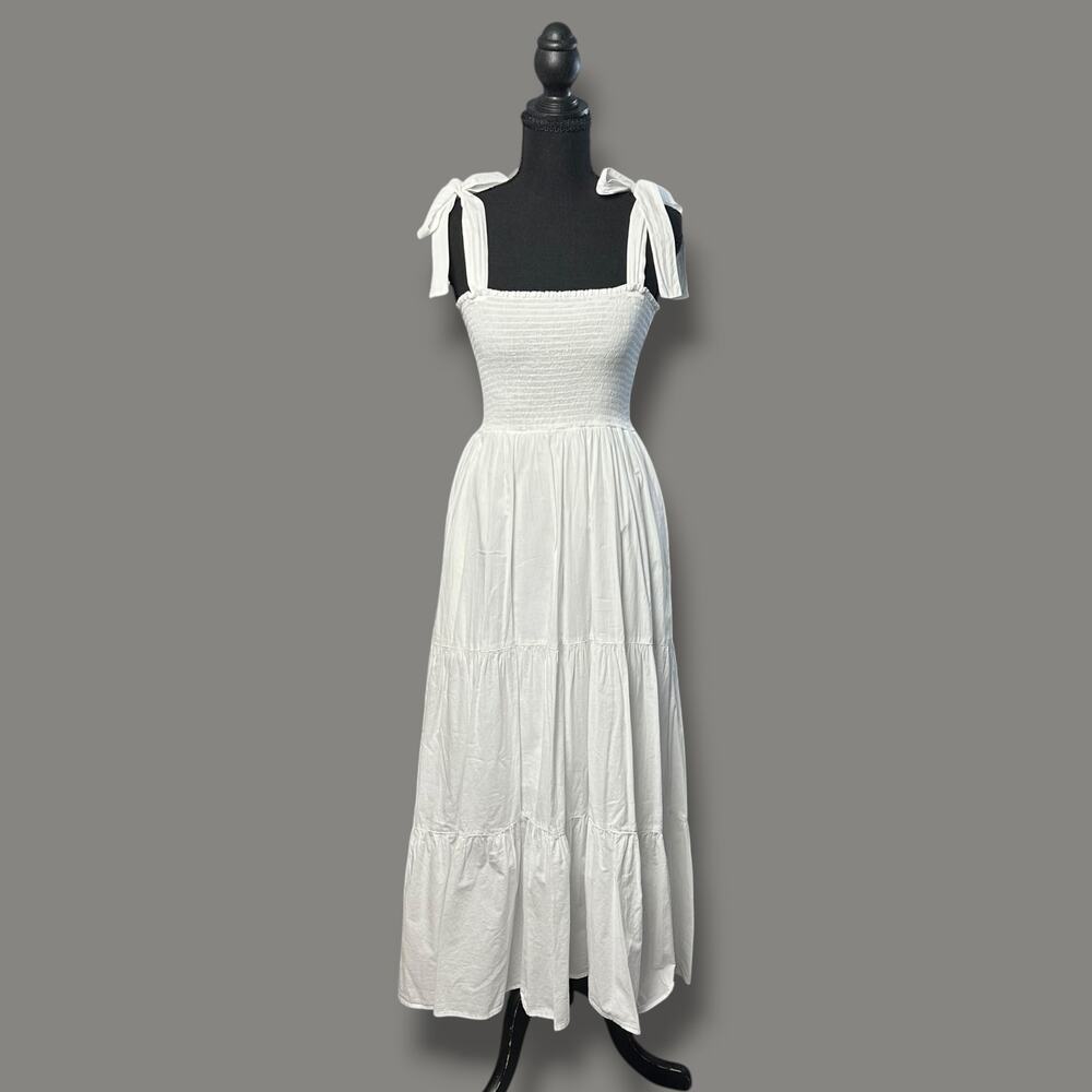 Xirena Lorraine Maxi Dress Tie Shoulder Tiered White Smocked Bodice Cotton Sz S